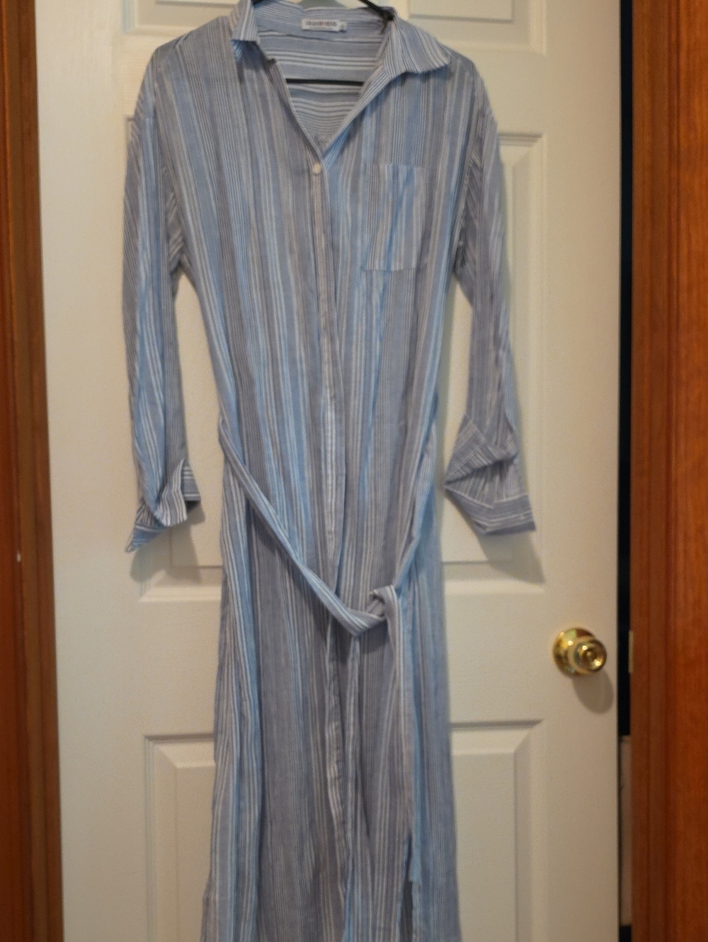 Light Blue Striped Womens Long Button-Up Shirt Shirtdress
